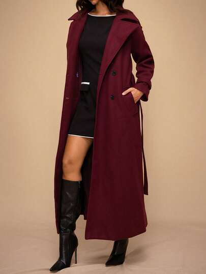 Forever 21 F21新年情人节冬季女装女士翻领双排扣粗花呢大衣中长款女士外套红色外套