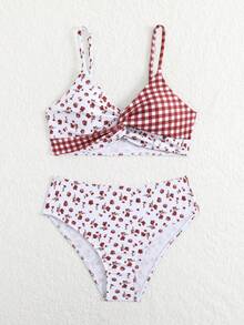 SHEIN 2件套少女格子碎花弹力速干舒适针织面料连体泳衣，适合海滩、泳池、冲浪、度假、夏季旅行 - 彩色 - 查看 5