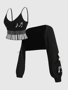 ROMWE Kawaii Conjunto de camiseta y cárdigan de punto con estampado de teclas de piano y notas musicales, talla grande, estilo retro Y2K - Negro - Ver 2