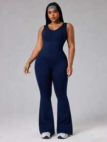Rhythm Era Plus Size Women Solid Color Flared Sleeveless Jumpsuit - Navy Blue - View 3