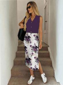 SHEIN LUNE 女士休闲紫色碎花图案纽扣开衫半裙两件套，适合春夏穿着 - 彩色 - 查看 6