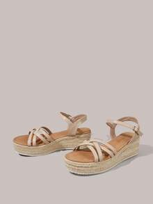 Giày sandal đế xuồng Styleloop dành cho nữ màu mơ, kiểu dáng bohemian, phong cách retro Pháp, đế vải canvas, gót chéo trang trí, quai ngang mắt cá chân, kiểu phương Tây, thích hợp cho các lễ hội âm nhạc, tiệc tùng, du lịch, mùa hè, phụ kiện không thể thiếu khi đi du lịch. - Màu hạnh nhân 1 - Xem 2