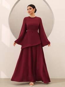 Graceveil 一套女士纯色宽松喇叭上衣和半裙休闲套装 - 酒紅色 - 查看 4