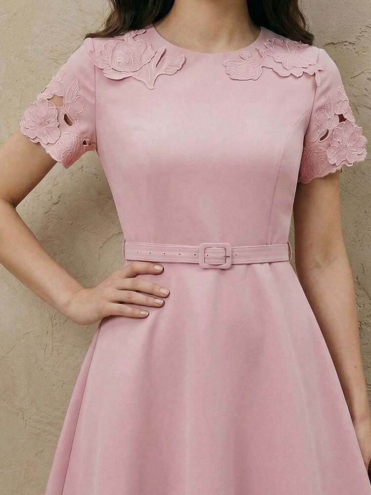 Elegant Embroidered Waist Tie Short Sleeve Slim Fit Dress, Formal, Party, Chic, Work, Graduation, Wedding, Red