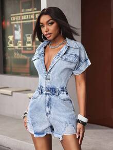 Jeanoix Women's Y2K Washed Distressed Button Half-Zip Denim Jumpsuit, Summer - Light Wash - View 3