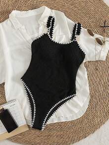 Bonvoyette Swim Lushoire 新款女士波西米亚佩斯利印花挂脖比基尼套装，两件式彩色曼陀罗泳装，活力孔雀羽毛印花比基尼套装，粉色、蓝色、白色和绿色交织的缤纷设计比基尼，侧系带性感泳裤，挂脖系带比基尼上衣，活力多色沙滩装，加厚聚拢罩杯，夏季度假泳池派对泳装，适合音乐节、热带海岛度假等场合，尽显摩登风情。 - 黑色 - 查看 4