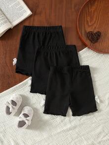 SHEIN Vintaside Kids 3件套女婴0-3岁春夏新款休闲运动弹力罗纹针织柔软三件套修身短裤，适合居家和户外穿着 - 黑色 - 查看 2