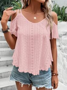 EMERY ROSE Women's Solid Color Minimalist Off-Shoulder T-Shirt, Casual Everyday Wear - Pink - View 5