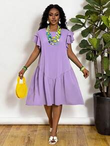 Slaydiva Vestido Verde Romântico de Verão/Primavera para Passeio, Gola Redonda, Linha A, Comprimento no Joelho, Manga Sino, Bainha com Babados, Plus Size - Malva - Visão 3