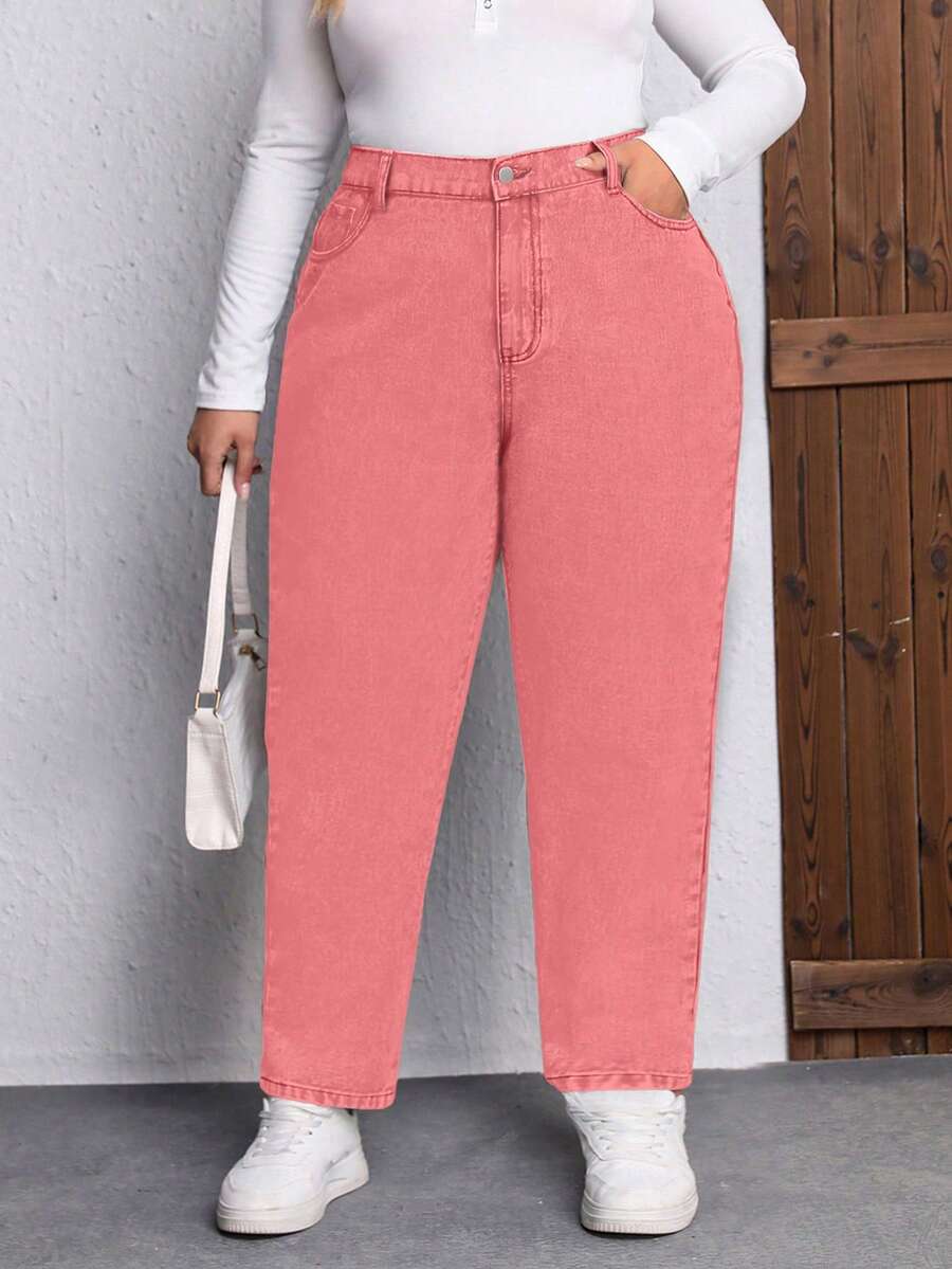EMERY ROSE Plus Size Solid Color Slant Pocket Casual Daily Non-Stretch Tapered Jeans - Pink - View 1