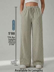 SHEIN Tall CURVE 大码女式抽绳腰带条纹休闲百搭阔腿裤，适合日常穿着 - Limelight Green - 查看 1