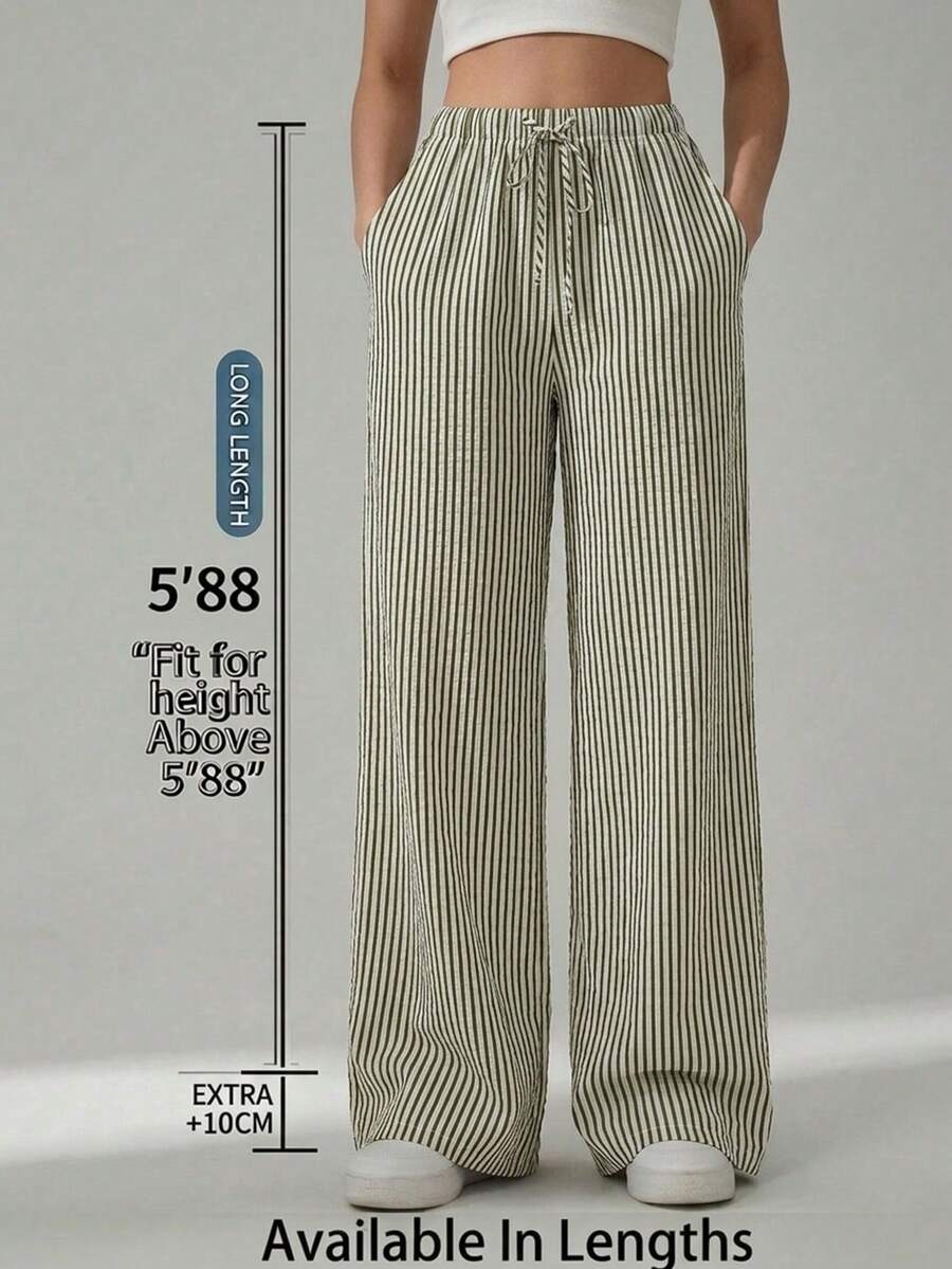 SHEIN Tall CURVE 大码女式抽绳腰带条纹休闲百搭阔腿裤,适合日常穿着 - Limelight Green - 查看 1