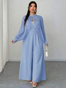 Elenzga 大尺碼女款淺藍色夏季優雅婚禮賓客雪紡珠飾與水鑽立領長袖上衣及抹胸寬腿連身褲套裝 - 藍色 - 查看 7