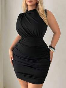 Auralis Elegant Black Autumn Bodycon Mini Dress For Women,Night Out Club Party Boat Neck Ruched Sleeveless Stretchy Asymmetrical Hem Plus Size Y2K Outfit - Black - View 6