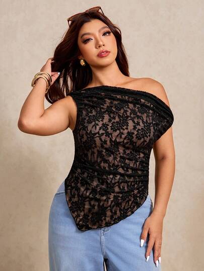 Elaquor Plus Size French Minimalist Romantic Asymmetric Neck Sleeveless Fitted Tie-Dye Print Asymmetric Blouse For Women