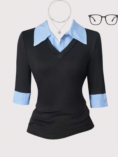 Camisa de 2 en 1 con parches y rayas para adolescentes