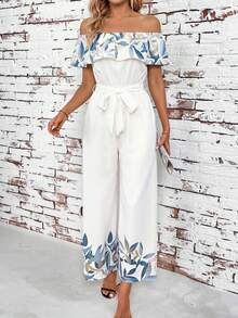 SHEIN Clasi 女士度假休闲印花露肩连体裤 - 杏色 - 查看 3