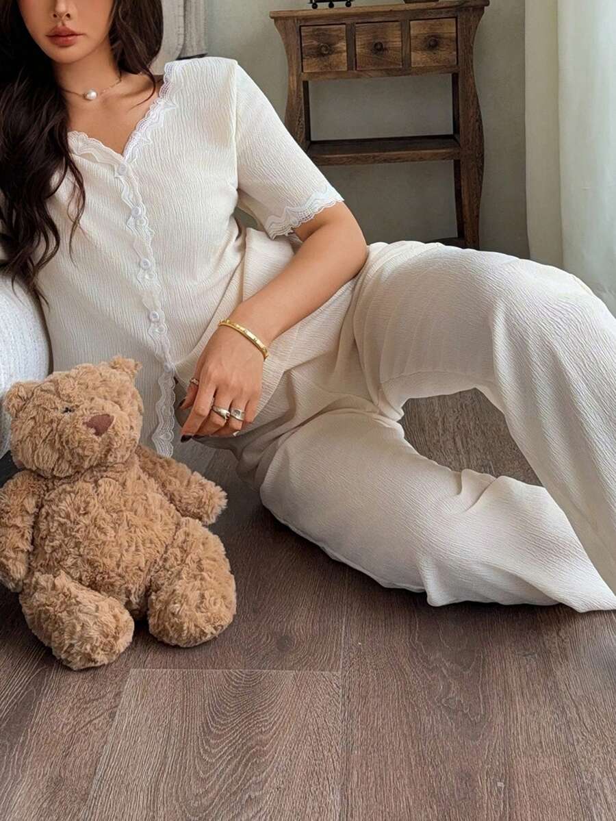 Napfluff 女士蕾丝边提花休闲家居服套装 - 白色 - 查看 1