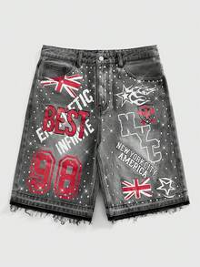 ROMWE MEN Grunge Punk Men's Letter Print Pocket Casual Denim Shorts - Grey - View 7