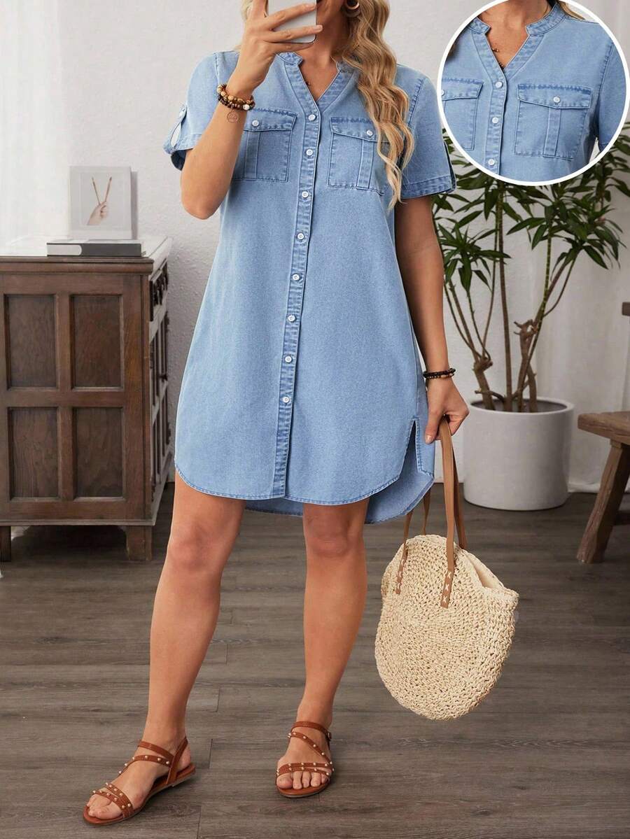 SHEIN CURVE+ Đầm denim tay ngắn cổ chữ V cài một hàng khuy dành cho nữ cỡ lớn, thích hợp mặc hàng ngày. - Màu xanh lam - Xem 1