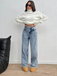 Women Loose Straight Leg Casual Jeans With Pockets, Versatile Style - Medium Wash - View 5