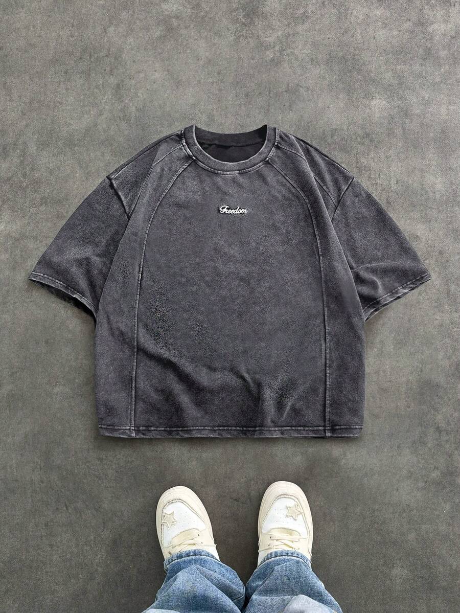 SWAVVY Men's Casual Loose Fit Black T-Shirt With Embroidered Snowflake Patchwork, Summer - Grey - View 1
