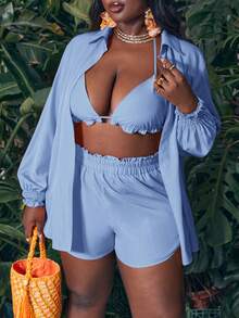 Slaydiva Plus Size 3 Pieces Vacation Casual Bikini Cover Up Set Beach Light Blue Autumn - Baby Blue - View 7