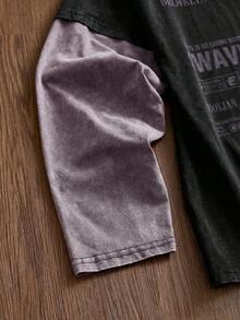 SWAVVY Men's Standard Size Spring/Autumn Casual Long Sleeve T-Shirt, Black Color Block & Print, Round Neck - Black - View 3