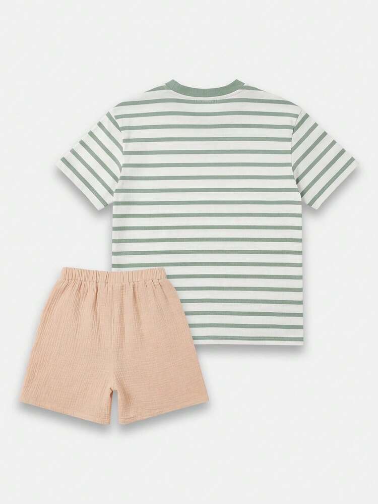 Boys Striped Tee And Shorts Co Ord Set With Crew Neck Short Sleeve Top Elastic Waist Bottoms Casual Summer Outfit