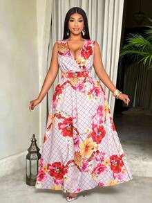 SOLERSUN Além disso, o vestido Plus Size Feminino com estampa retrô vibrante, decote halter nas costas, decote em V profundo e silhueta em A é perfeito para ocasiões como festivais de música, Páscoa, Nashville, temas boêmios, aniversários, formaturas, uso diário, férias, cruzeiros, praias e banhos de sol. - Rosa - Ver 1