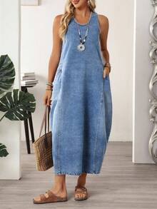 SHEIN CURVE+ Plus Size Women Round Neck Pocketed Casual Sleeveless Denim Dress - Blue - View 6