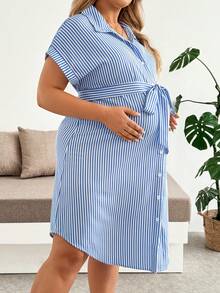 Plussiva Plus Size Maternity Striped Single-Breasted Tie-Waist Short Sleeve Casual Dress Beachwear Summer - Blue and White - View 4