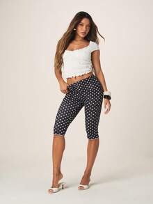 MISSGUIDED 女士高腰波点及膝紧身裤，弹力修身七分裤，舒适休闲日常穿着，黑白波点图案 - 黑色 - 查看 1
