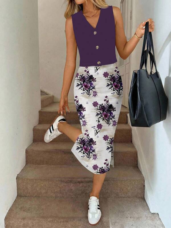 SHEIN LUNE Women's Casual Purple Floral Pattern Button Cardigan & Skirt 2-Piece Set, Suitable For Spring/Summer,Vacation Outfits Women