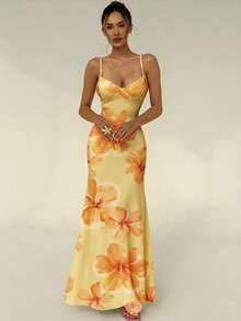 Aloruh 女士度假风吊带系带印花紧身连衣裙，春夏款 - 黃色 - 查看 8