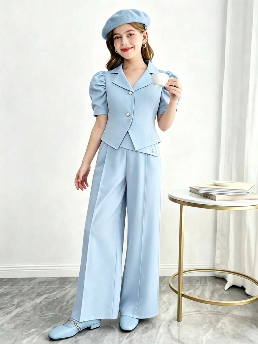 SHEIN 少女珍珠纽扣装饰外套和裤子套装，翻领开衫套装 - 藍色 - 查看 1