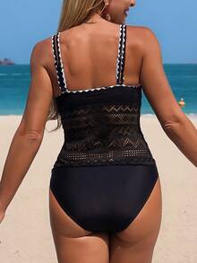 Swim Lushoire 26SS 春夏沙滩度假黑色蕾丝鲨鱼齿饰边黑白保守吊带比基尼两件式泳衣 - 黑色 - 查看 2