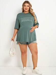 Plussiva Plus Size Pregnant Women Letter Print Zip-Up Nursing Function Round Neck Short Sleeve T-Shirt - Green - View 5