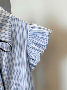 Resyla Áo sơ mi nữ tay ngắn kẻ sọc đen thắt nơ. - Màu xanh lam - Xem 5