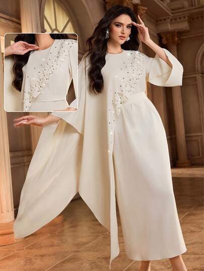 Al Najma Women's Solid Color Faux Pearl Decor Round Neck Elegant Arabic Style Dress Abayas Dubai Luxury Arabic Dresses For Women Caftan Dress White Abaya Abaya For Women Dubai