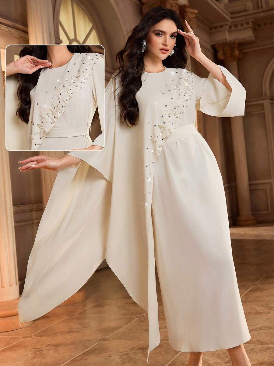 Al Najma Women's Solid Color Faux Pearl Decor Round Neck Elegant Arabic Style Dress Abayas Dubai Luxury Arabic Dresses For Women Caftan Dress White Abaya Abaya For Women Dubai
