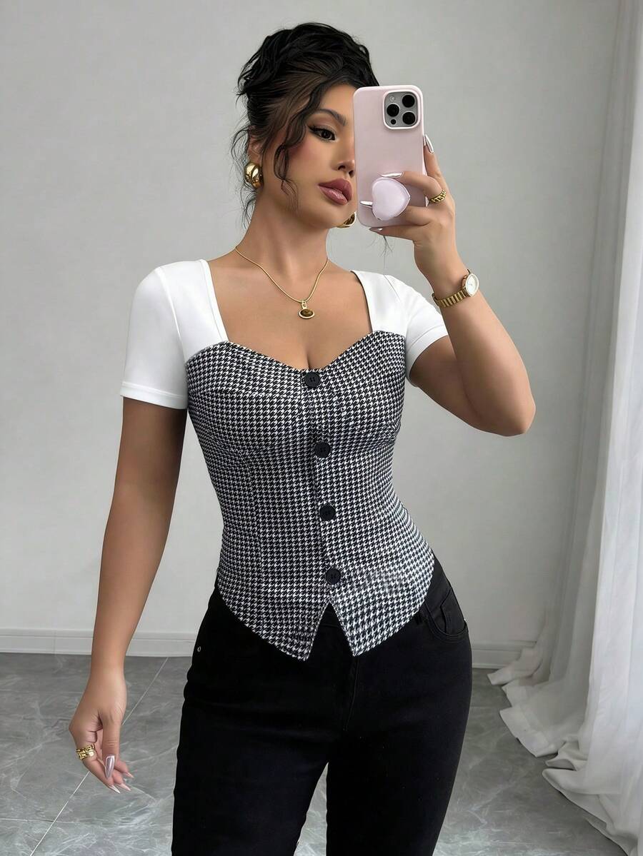 Selianne 前扣优雅休闲通勤短袖收腰女式T恤 - 彩色 - 查看 1