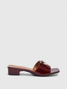 CUCCOO BIZCHIC Light Luxury Metal Buckle Square Slippers, Thick Heels Are Not Tired, And Sandals Are Worn Outside In Summer. Summer Shoes - Burgundy - View 2