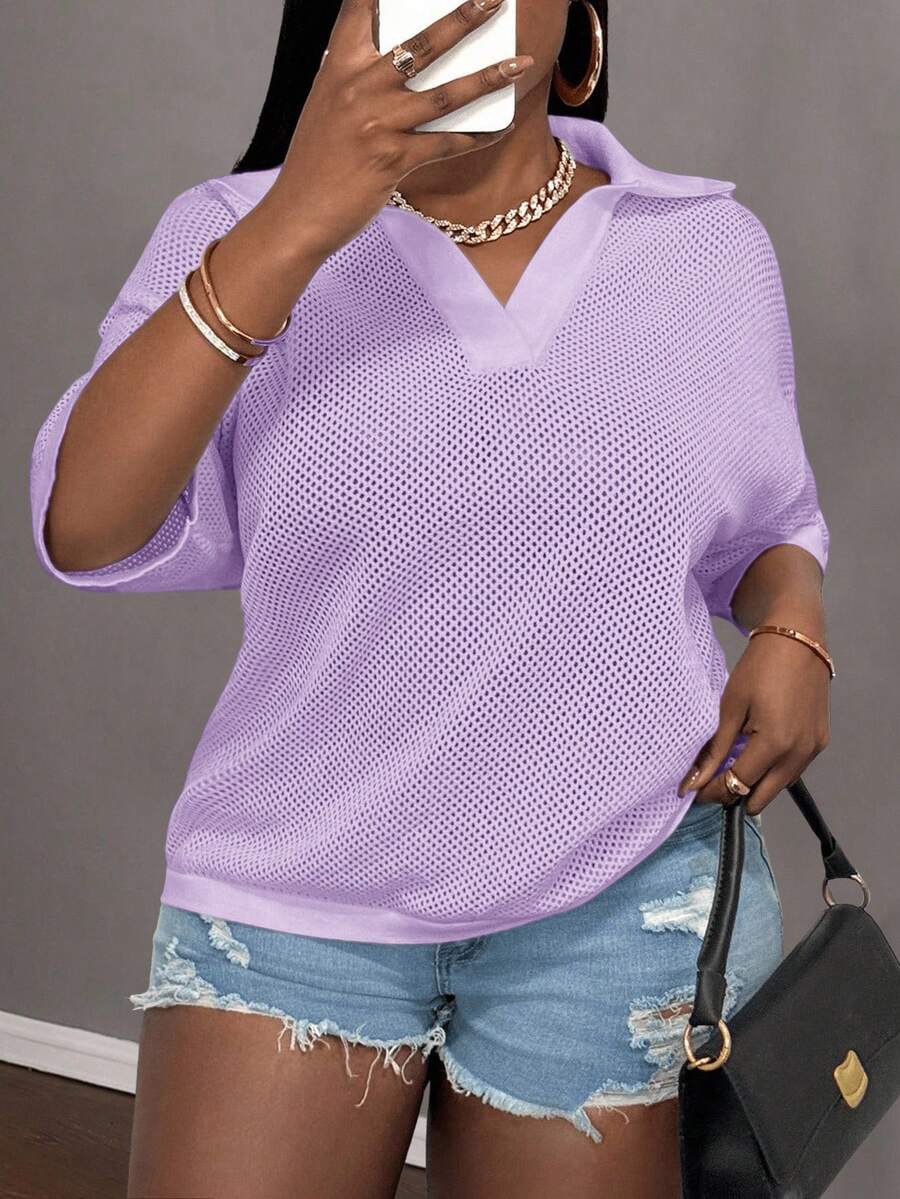 Slaydiva Loose Fit Solid Color V-Neck Drop Shoulder Hollow Out Knit Casual Blouse For Plus Size Women, Spring/Summer - Mauve Purple - View 1