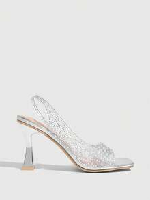 CUCCOO SZL Giày sandal nữ thời trang và quyến rũ, đế dày đính đá lấp lánh, màu bạc ánh ngọc trai, chất liệu TPU trong suốt, họa tiết đá, mũi vuông, kiểu dáng thoải mái, phù hợp cho các bữa tiệc, đám cưới, mùa xuân, hè và Giáng sinh. - Bạc nhạt - Xem 2