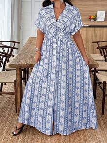 SHEIN LUNE Plus Size Women Casual Everyday/Vacation/Commute Printed Twist Knot Maxi Shirt Dress - Multicolor - View 3