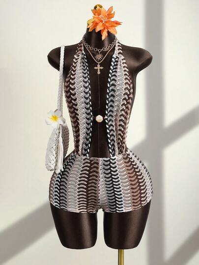 Zestiva Women's Summer Beach Mesh Lace Print Sleeveless Backless Halter Tie Beaded Sexy Bodycon Jumpsuit Coverup