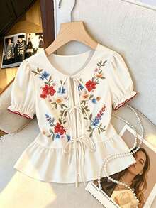 SHEIN Franclia Áo kiểu nữ thời trang, đa năng, thêu hoa, buộc dây, xếp ly, viền bèo nhún, thích hợp cho kỳ nghỉ. - Màu be - Xem 4