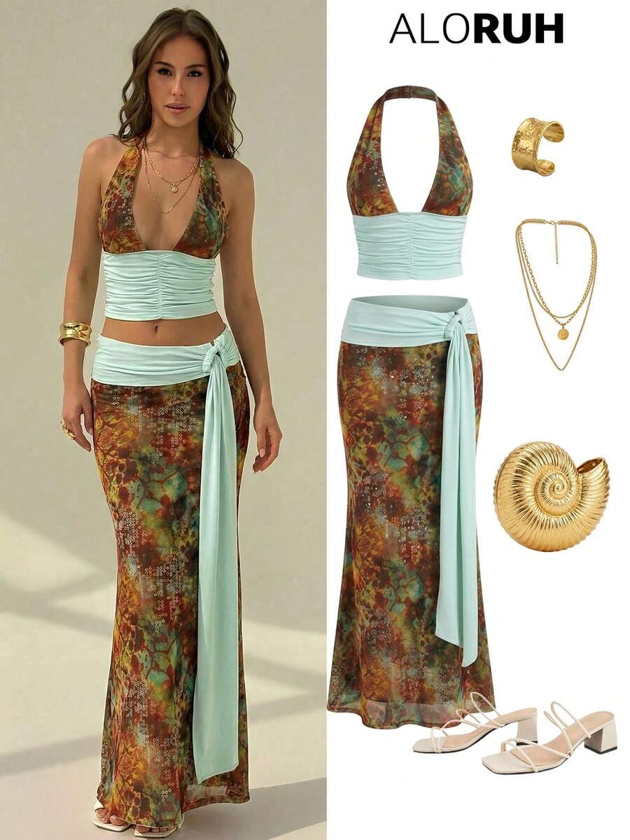 Aloruh Conjunto de 2 piezas de camisola de cuello halter con estampado bohemio + falda para vacaciones, sexy - Multicolor - Ver 1