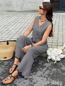 Serisse Women's Summer Casual Commute Plaid Front Button Camisole And Pants 2 Pieces Set - Black and White - View 6